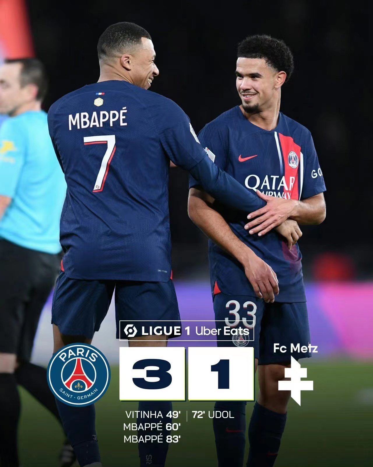 Mbappes 25-årsdag leder PSG Ligue 1 med 3-1 Metz